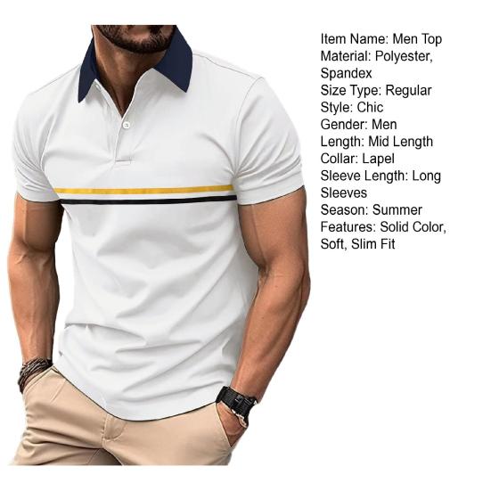 Летний мужской топ с отложным воротником, однотонный лоскутный полосатый принт, приталенный пуловер, мягкая дышащая пуговица, повседневная мужская футболка средней длины