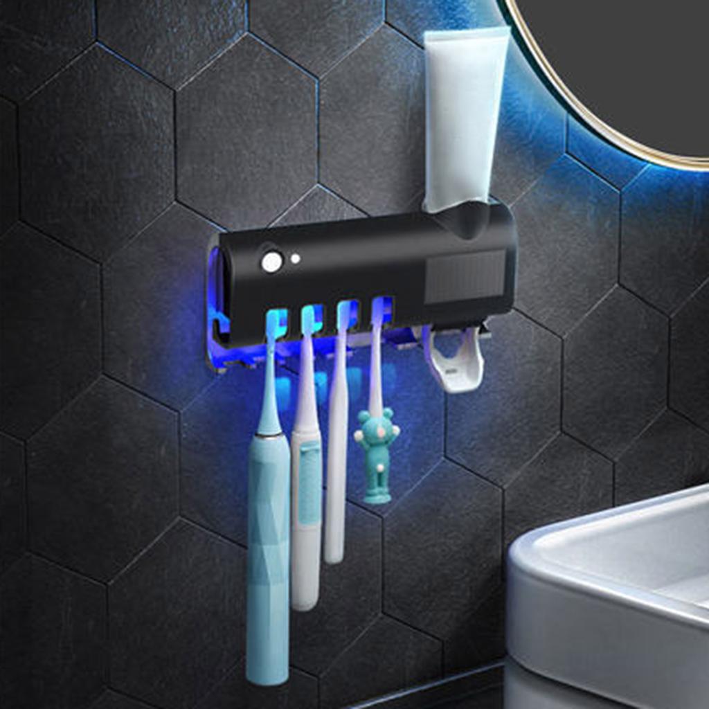 Toothbrush Sanitizer Holders with UV Rays Rechargeable Solar Power Automatic Toothpaste Dispenser Wall Mount Toothbrush Organizer