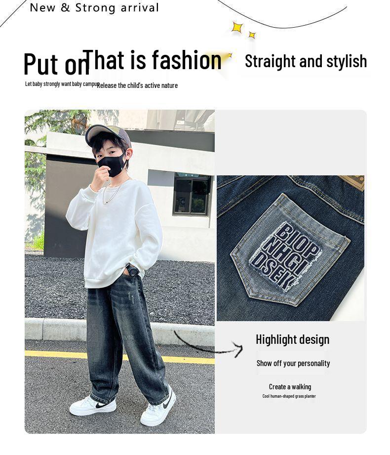 Джинсы для мальчиков на флисовой подкладке: Весенне-осенние свободные повседневные брюки в корейском стиле для детей среднего и старшего возраста 2025.