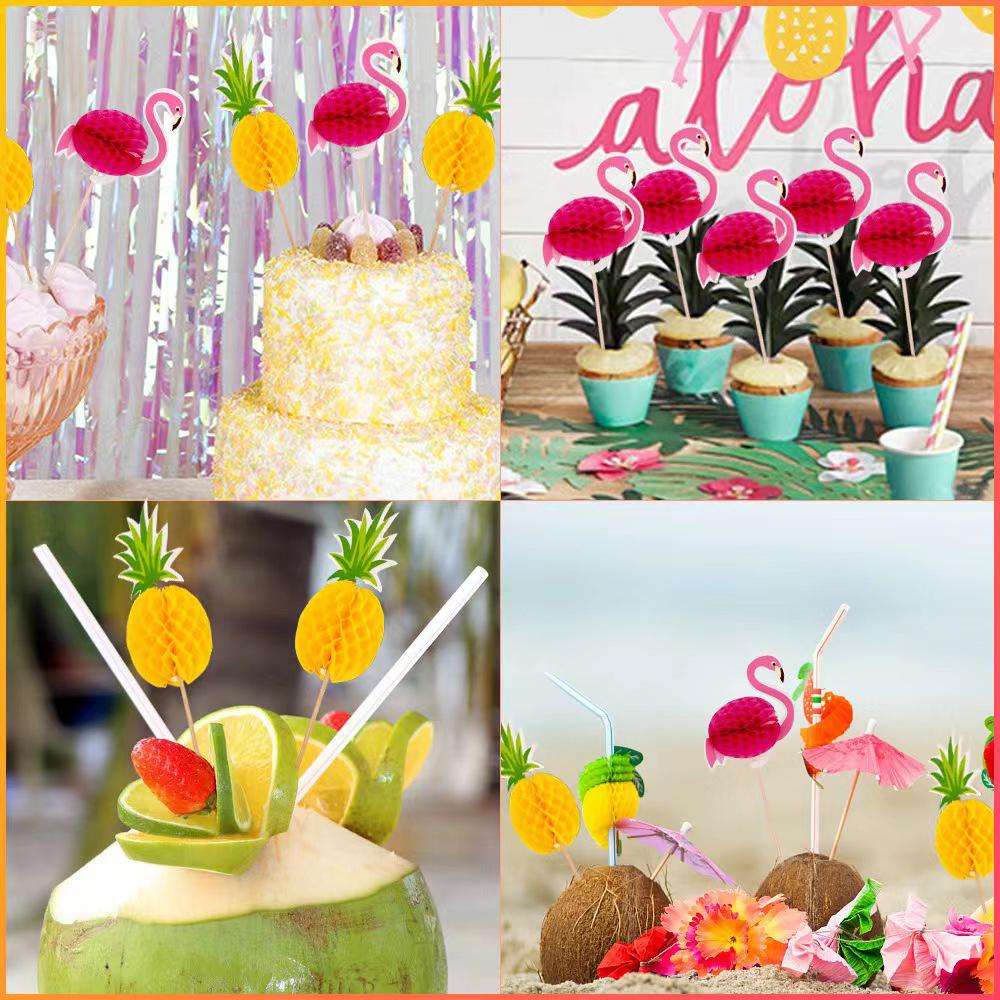 Hawaiian Party Set: 100PCS Colorful Paper Straws, Umbrella Picks, Fruit Picks, Honeycomb Pineapples, Flamingos, Firework Picks