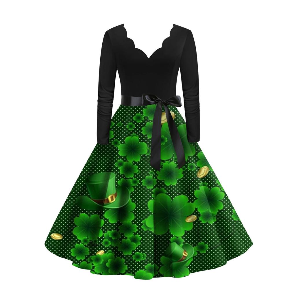 Women's Vintage Classic Dress Long Sleeve St. Patrick's Day Print V-neck Swing Dress