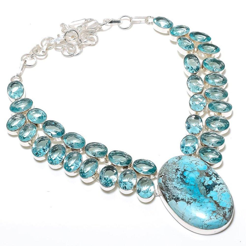 Natural Tibetan Turquoise, Blue Topaz 925 Sterling Silver Necklace 18" N7p55