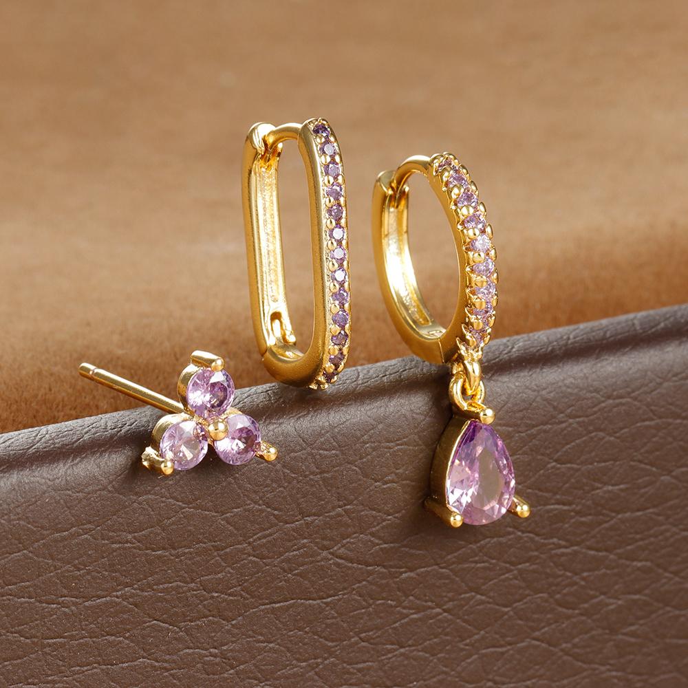 3PCS Fashion Water Drop Huggie Hoop Earrings Set for Women Three-petal Flower Stud Earrings Prevent Allergy Piercing Jewelry
