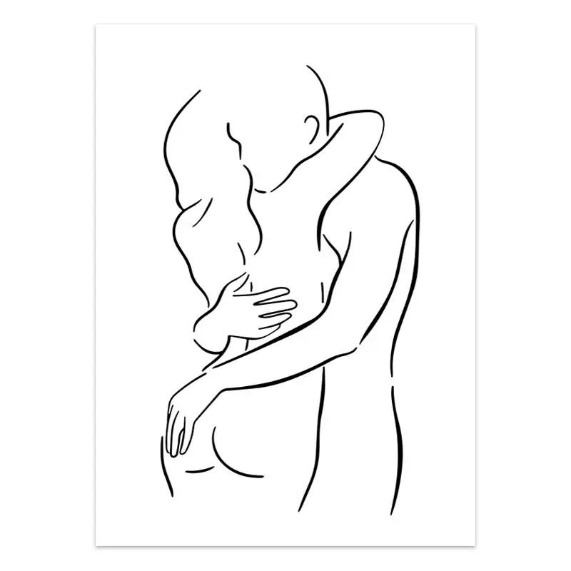 Черно-белая пара линий, настенная живопись на холсте, рисование линий, ручная любовь, поцелуй, постеры и принты, скандинавская картина, декор для гостиной