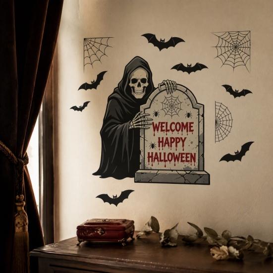 Halloween Wall Decals Grim Reaper Decals, Scary Tombstones Bats Spider Web Vinyl Holiday Party Decorations Sticker, Peel And Stick Removable