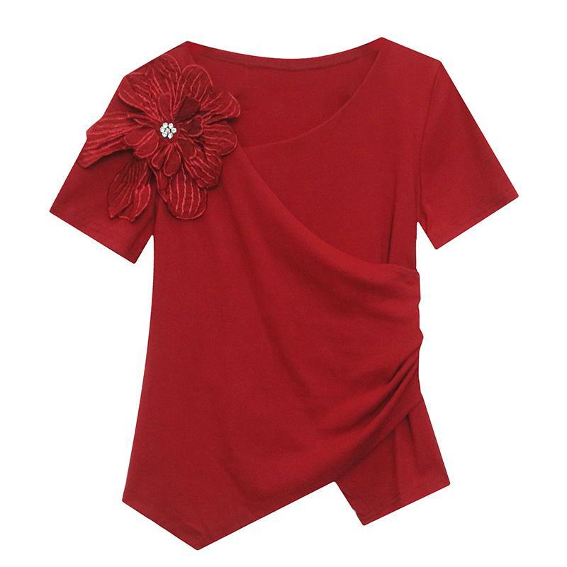 Приталенная асимметричная женская футболка на лето 2024: Трендовый дизайн с коротким рукавом в иностранном стиле