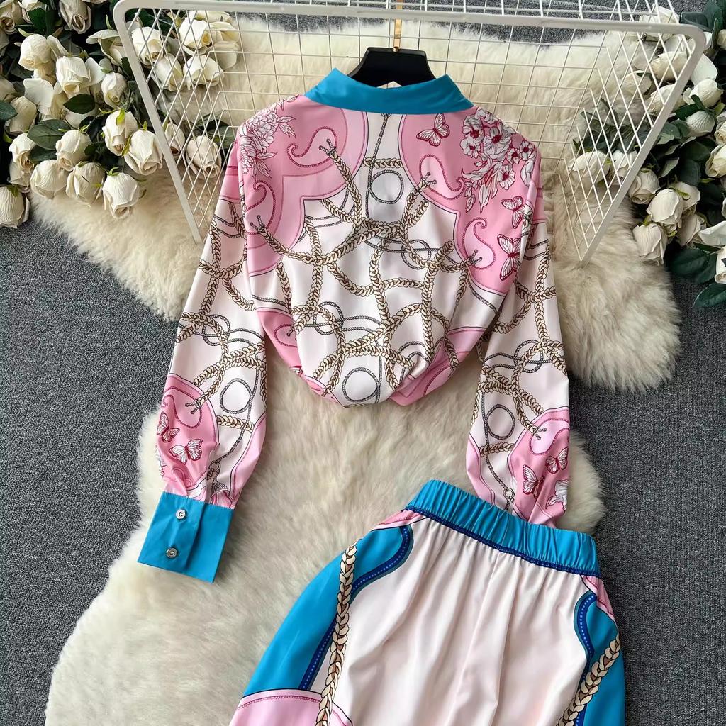 Spring Autumn Runway Designer Chain Flower Print Two Piece Set Women Long Sleeve Shirt Top And Elastic Waist Wide Leg Pant Suit