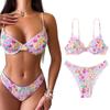 Women Split Adjustable Spaghetti Straps Swimsuit Two-Piece Pleated Swimming Suit High Cut Beachwear Printing Bikinis Set