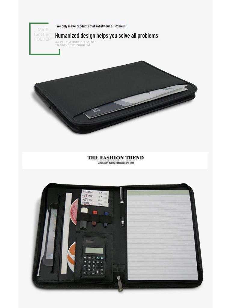 A4 PU Leather Business Folder with Calculator and Zipper