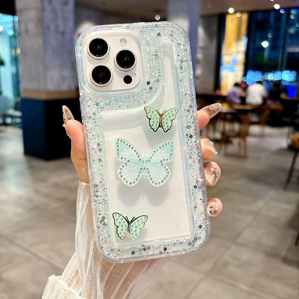 For iPhone 16 Pro Case with 3 Butterflies Decor Glitter Rhinestone Epoxy Design TPU Phone Cover