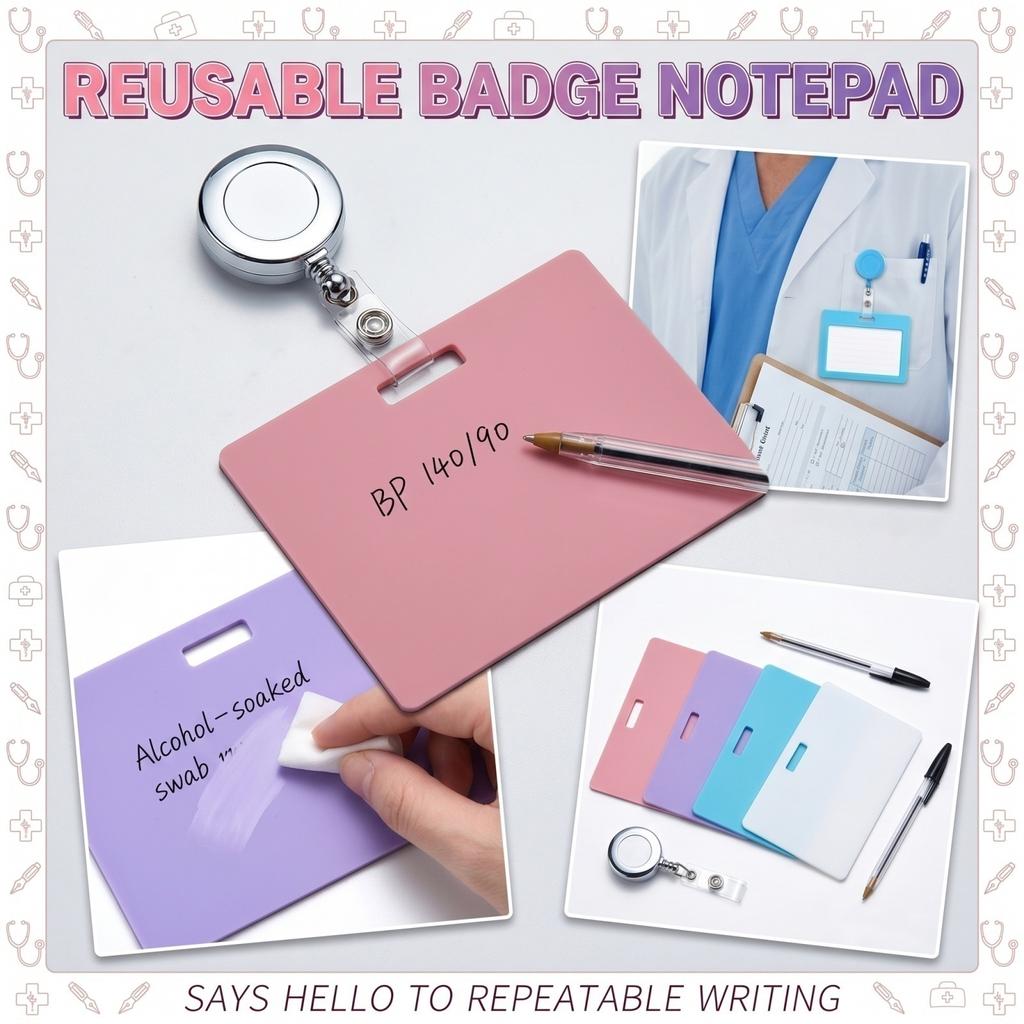 Reusable Erasable Badge Note Pads with Handle Portable Dry Erase Whiteboard Surface for Writing Messages and Reminders Set of Four