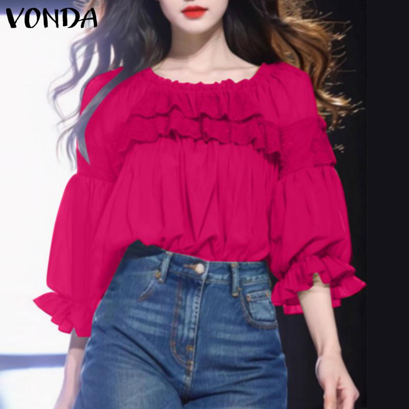 VONDA Женская летняя блузка свободного покроя с круглым вырезом и рукавами 3/4 в стиле пэчворк с оборками