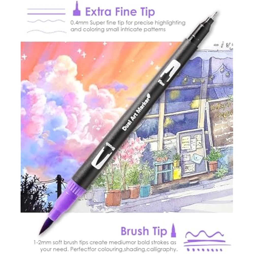 TOSHARE (TOSHARE) Art Marker Pen Dual Tip Coloring Marker Set with Brush & Fine Tip Adult Colorin...