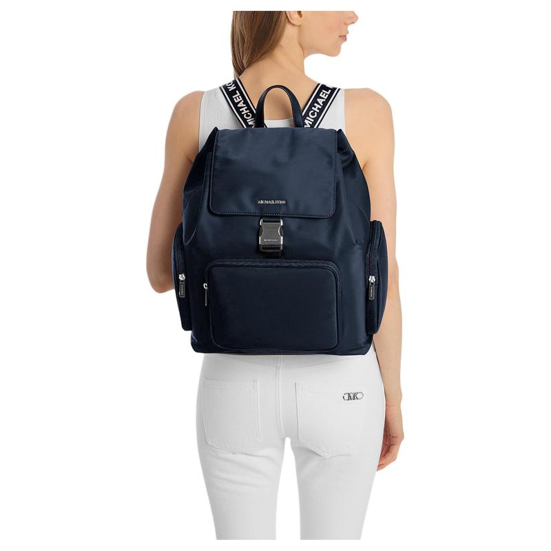 MICHAEL KORS Khai Logo Silver Hardware Nylon Backpack Large Unisex Couple Navy Blue