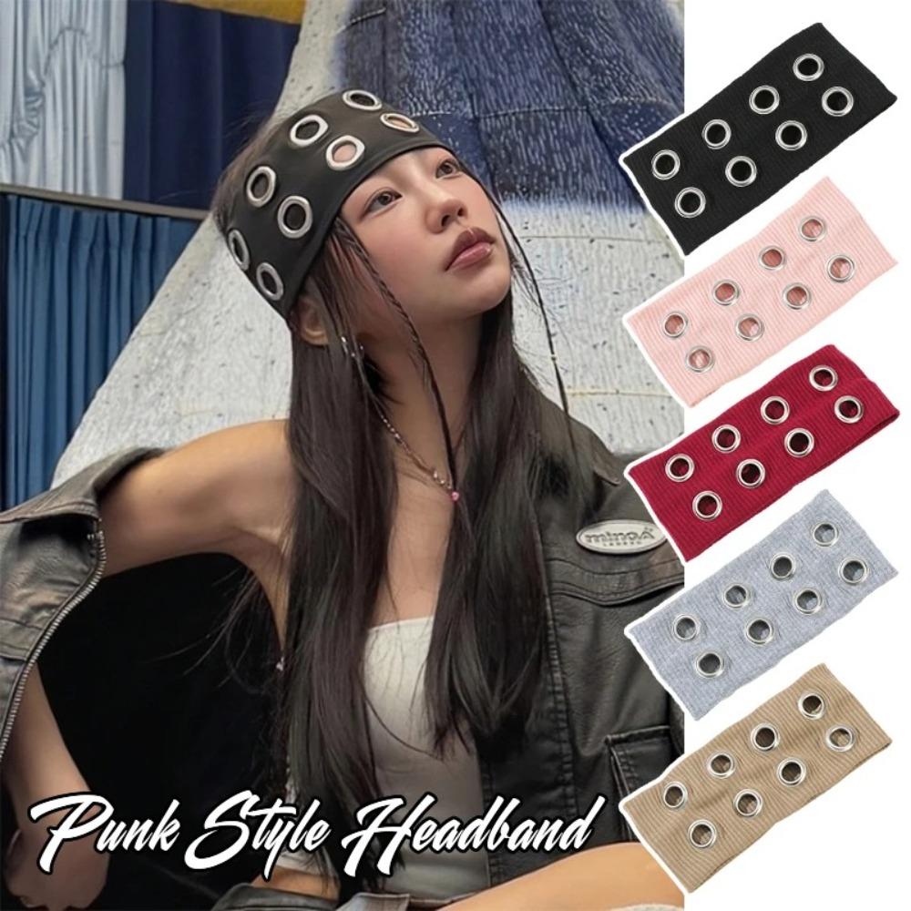 Wide Elastic Rock Head Band Metal Eyelets Hollowed Out Eyelets Headband Punk Headwrap Sports