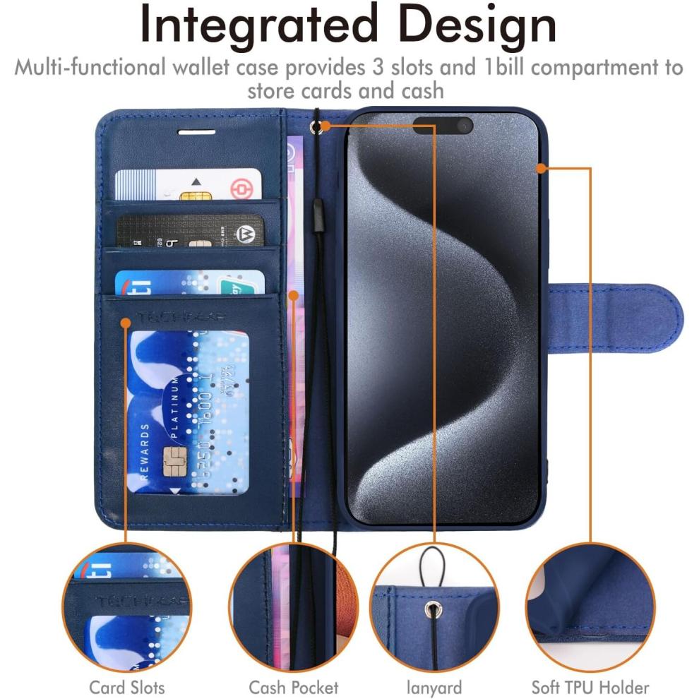 iPhone 15 Pro Max Leather Wallet Case, Flip Protective Case Cover with Wallet Card Holder, Stand and Wrist Strap PU Leather Case