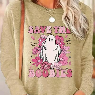 Топы для женщин Футболка с принтом в виде цветка-призрака, с круглым вырезом и длинным рукавом, осенняя, повседневная, облегающая, пуловер, женский топ с длинным рукавом