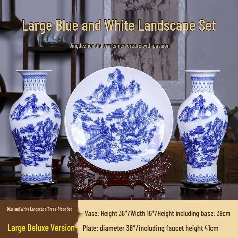 Good Fortune Jingdezhen Ceramic Vase Set: 3-Piece Décor for Living Room, Curio Shelf, or TV Cabinet