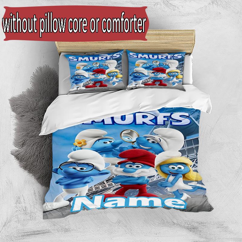 3pcs Duvet Cover Set (1*Duvet Cover + 2*Pillowcase, Without Core), Custom Name Blue Smurfs Pattern Bedding Set, Home Bedroom Decor Gift
