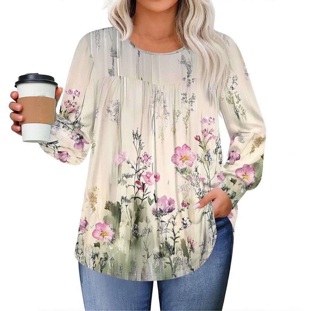 Womens Plus Size Tops Long Sleeve Shirts Round Neck Flowy Tunic Casual Loose Blouse L-5X