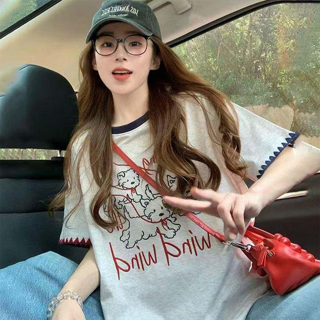 Cartoon embroidery versatile loose cotton short-sleeved t-shirt for women