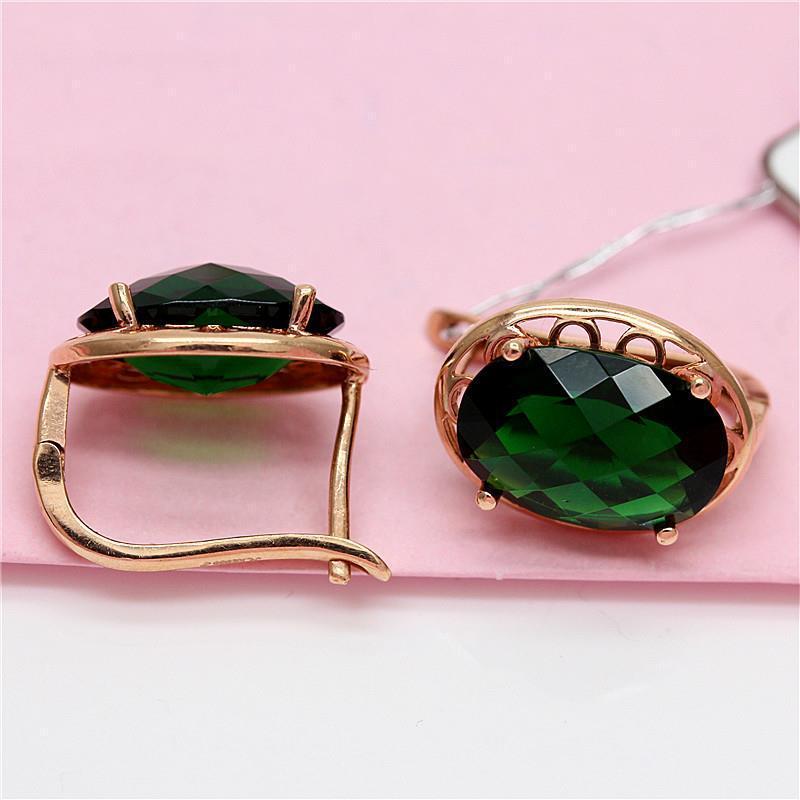 Серьги из фиолетового золота 585 пробы с зеленым камнем-кабошоном – Женские модные украшения в стиле легкой роскоши с золотым покрытием.