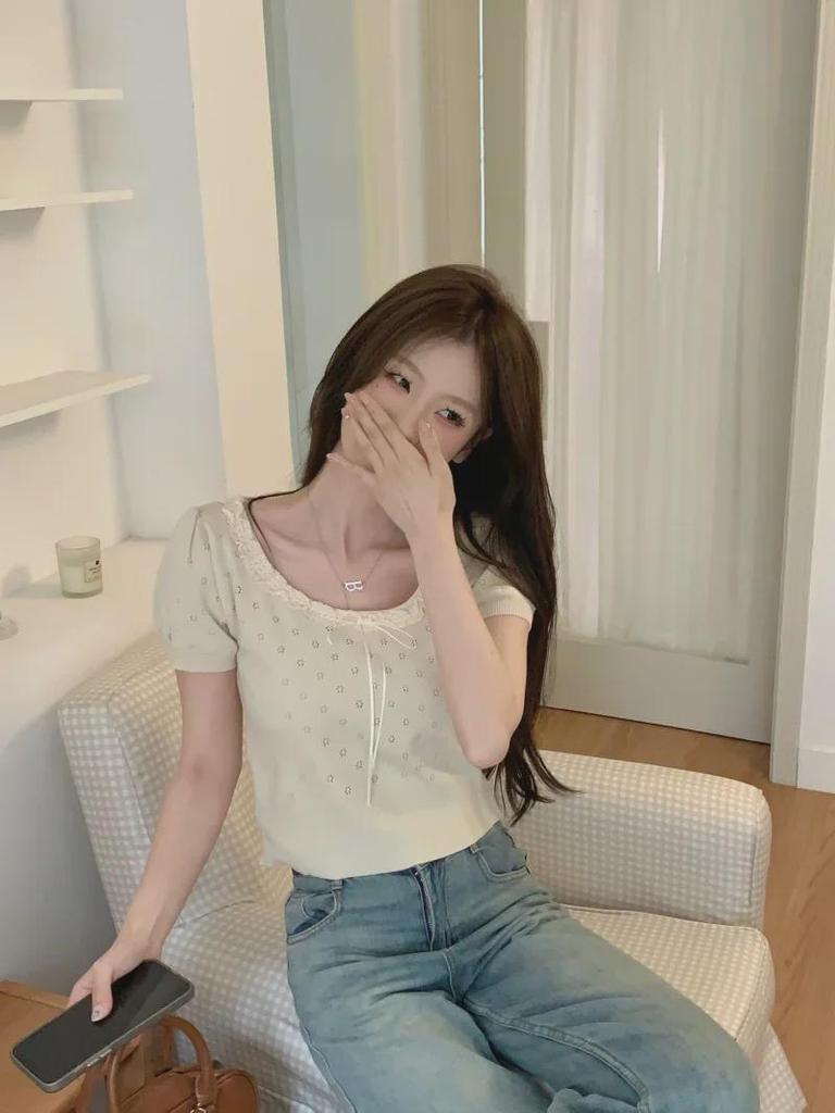 Футболка с коротким рукавом и кружевным бантом, лето 2024 г. - женский облегающий топ для студента