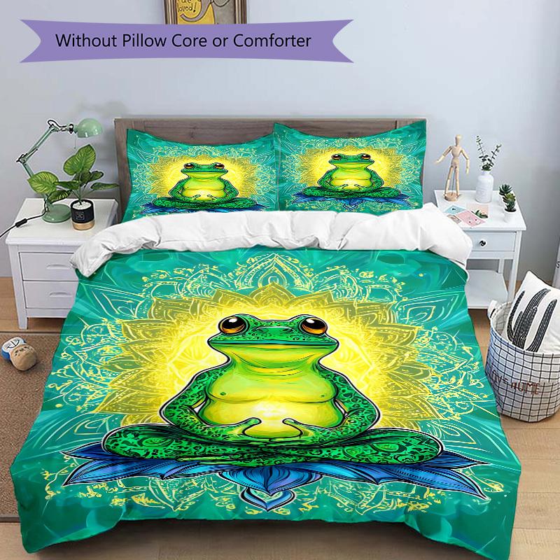 3pcs Meditation Frog Bedding Set - 1 Duvet Cover + 2 Pillowcases(Core Not Included), Machine Washable Polyester yy251216167