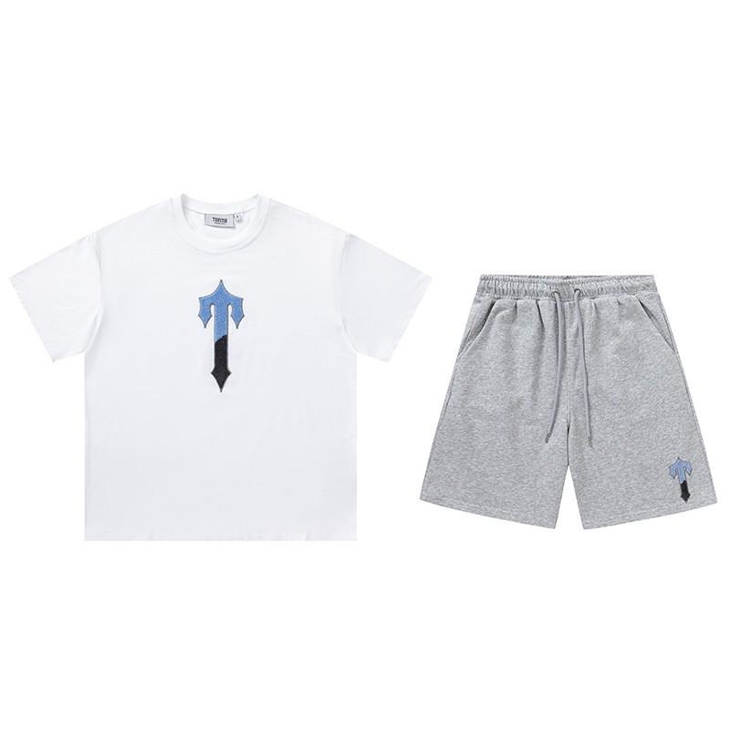 Mens Gradient Letter Embroidered Cotton Tee Shorts Set Streetwear Casual Outfit