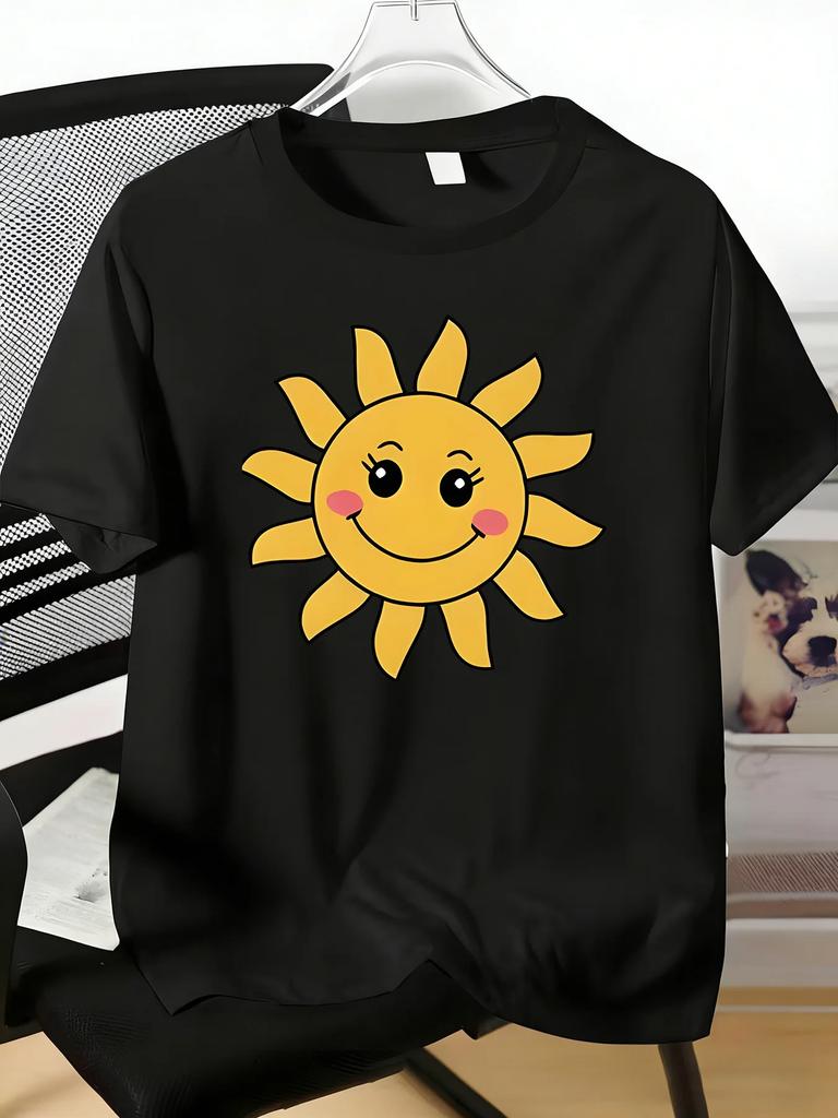 Unisexs Tee Cute Blush Smiling Cartoon Sun Face Print Cotton Short Sleeve Male Casual Streetwear Outdoor Daily Basic Fashion Top