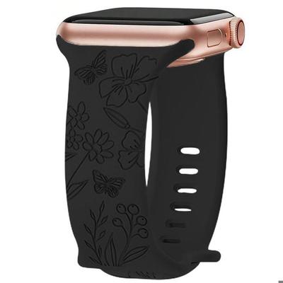 Браслет для Apple Watch 38мм-40мм-41мм Серии 9 8 SE 7 6 5 4 3 2 1 / Серии 10 11 (42мм) Силиконовый мотив Бабочка Цветок Черный