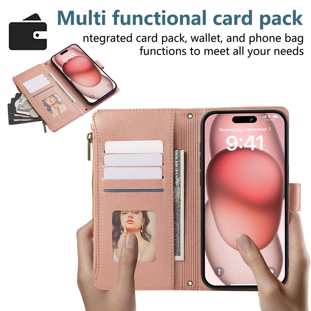 Чехол для iPhone 15 Pro Max с несколькими слотами для карт, на молнии, кожаный чехол для телефона с ремешком на запястье