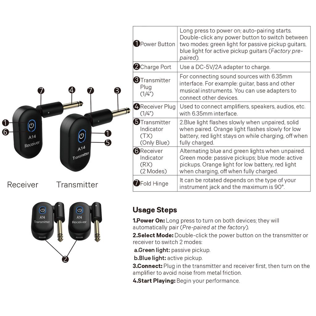 2.4G Wireless Guitar System Rechargeable Guitar Transmitter Receiver Set Dual Mode Switching 90-degree Rotatable Plug and Play