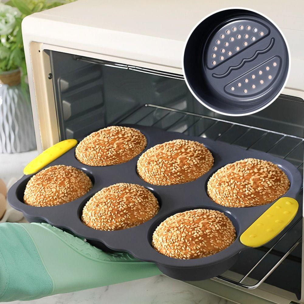 Heat Resistant Hamburger Bun Mold 6 Cavity Burger Bun Maker Soft Bread Loaf Pan Kitchen Use