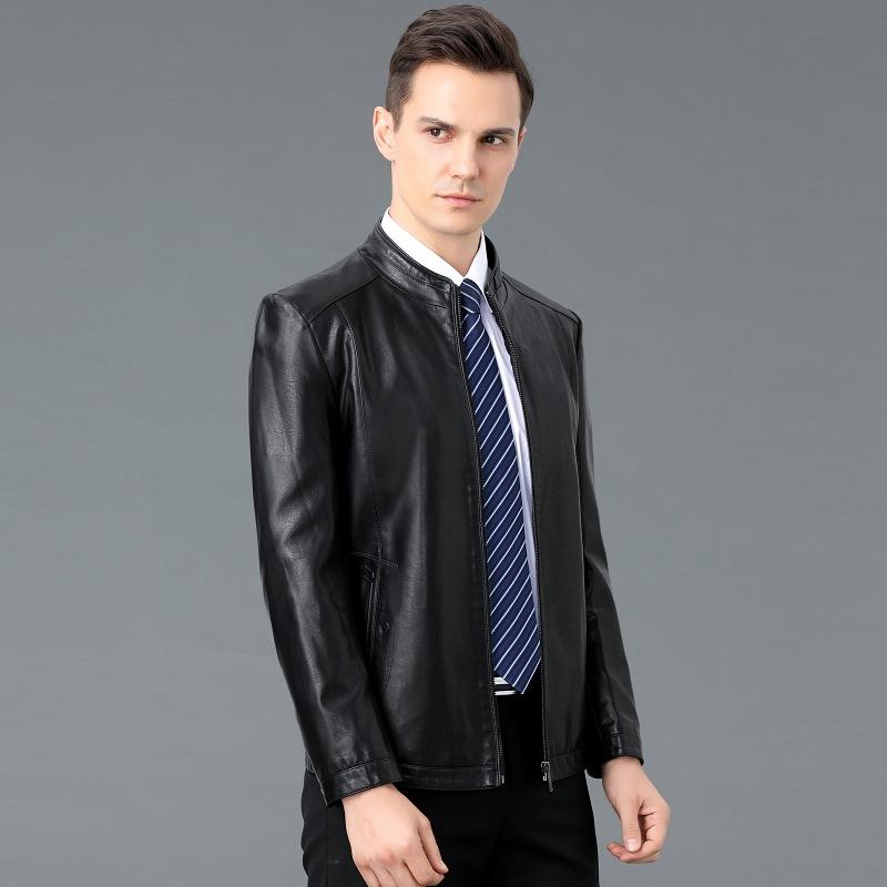 Мужская куртка из натуральной кожи, мужская куртка из овчины с воротником-стойкой, повседневная осенне-зимняя модная кожаная куртка для пап среднего возраста