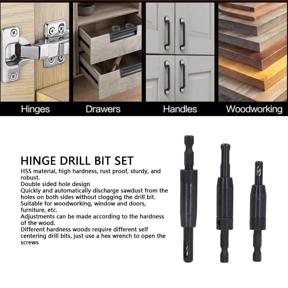 3 PCS Clic-Change Self Centering Drill Bit Set Cabinet and Door Hinge Installation