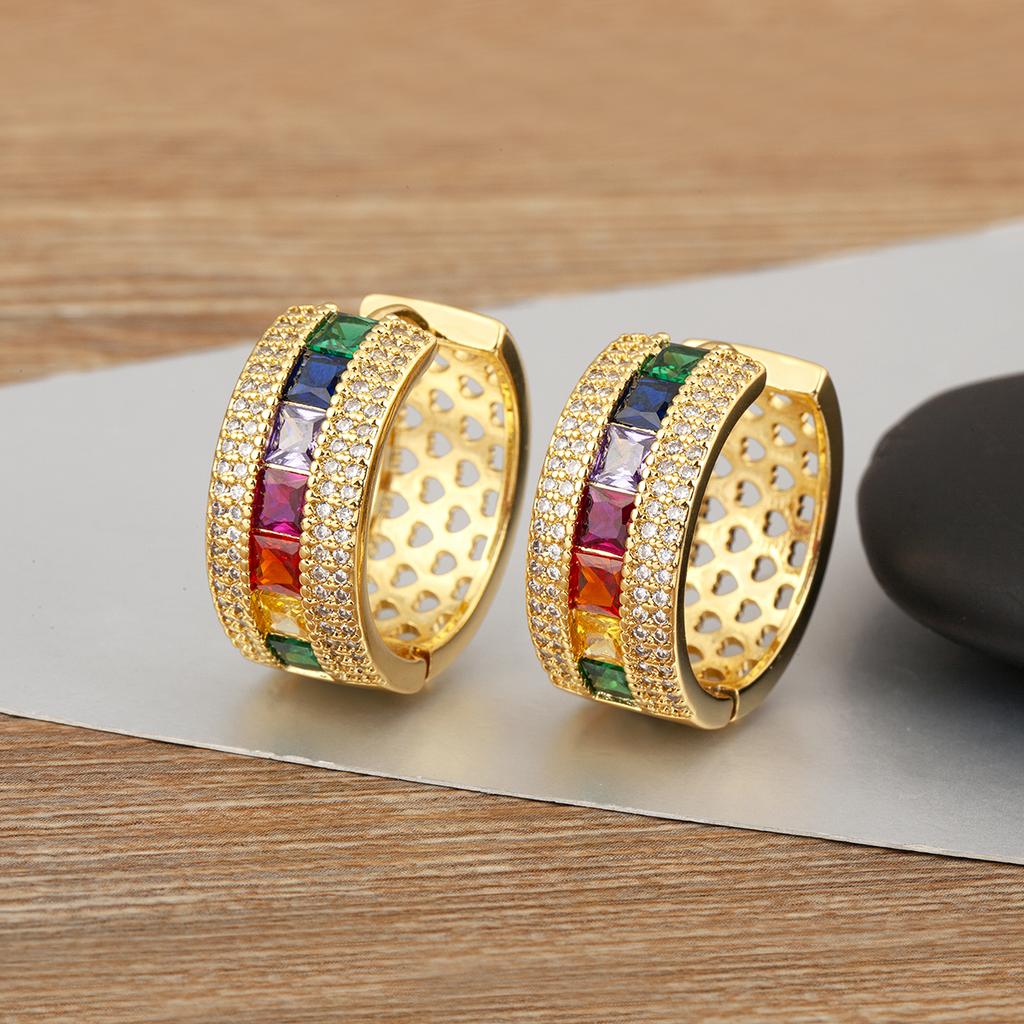 Nidin Hot Sale Vintage Rainbow Cubic Zirconia Geometric Hoop Earrings For Women Female Personality Fashion Ear Jewelry Gifts