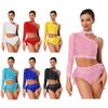 Womens Latin Dance Set Sparkly Rhinestone Outfit One Shoulder Long Sleeve Crop Top & Back Feather Briefs