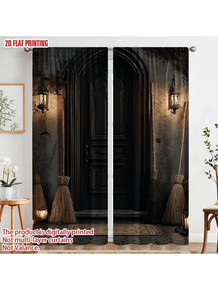 2pcs,2D plane printing Curtains&Window Treatment Spooky Haunted House Design Versatile Durable Polyester (without rod) Gifts for