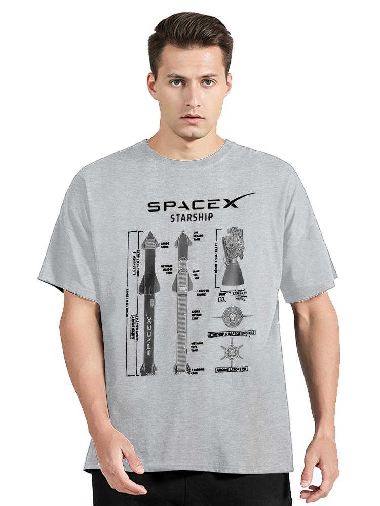 Unisex SpaceX Starship Blueprint Printing T-Shirt Oversized Tshirt Unisex Tops Cotton Fitness Tees Unisex's Clothing Graphic