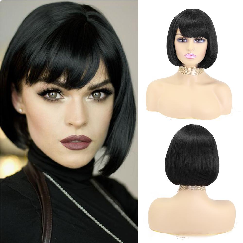 MISS WIG Synthetic Short Bob Wig with Bangs for Women Black Brown Wig Lolita Cosplay Party Daily Wear