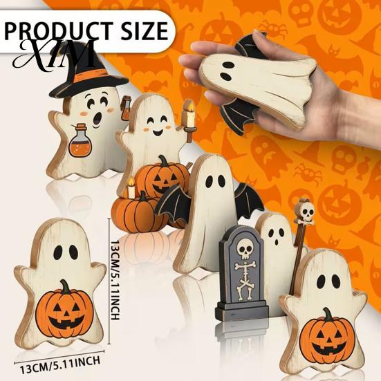 Compact Festive Room Decorations Halloween Cute Ghost Sign, Pumpkin Tombstone Wooden Plaque Decorative Figurines for Fireplaces Tiered Tray