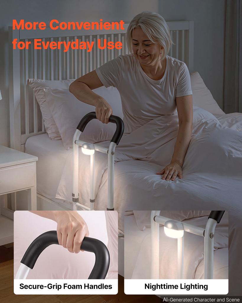 VEVOR Bed Rails for Elderly Adults 90.7kg Loading Bed Side Assist Rail, with Motion Sensor LED Light, Adjustable Height & Length, Non-Slip Handle
