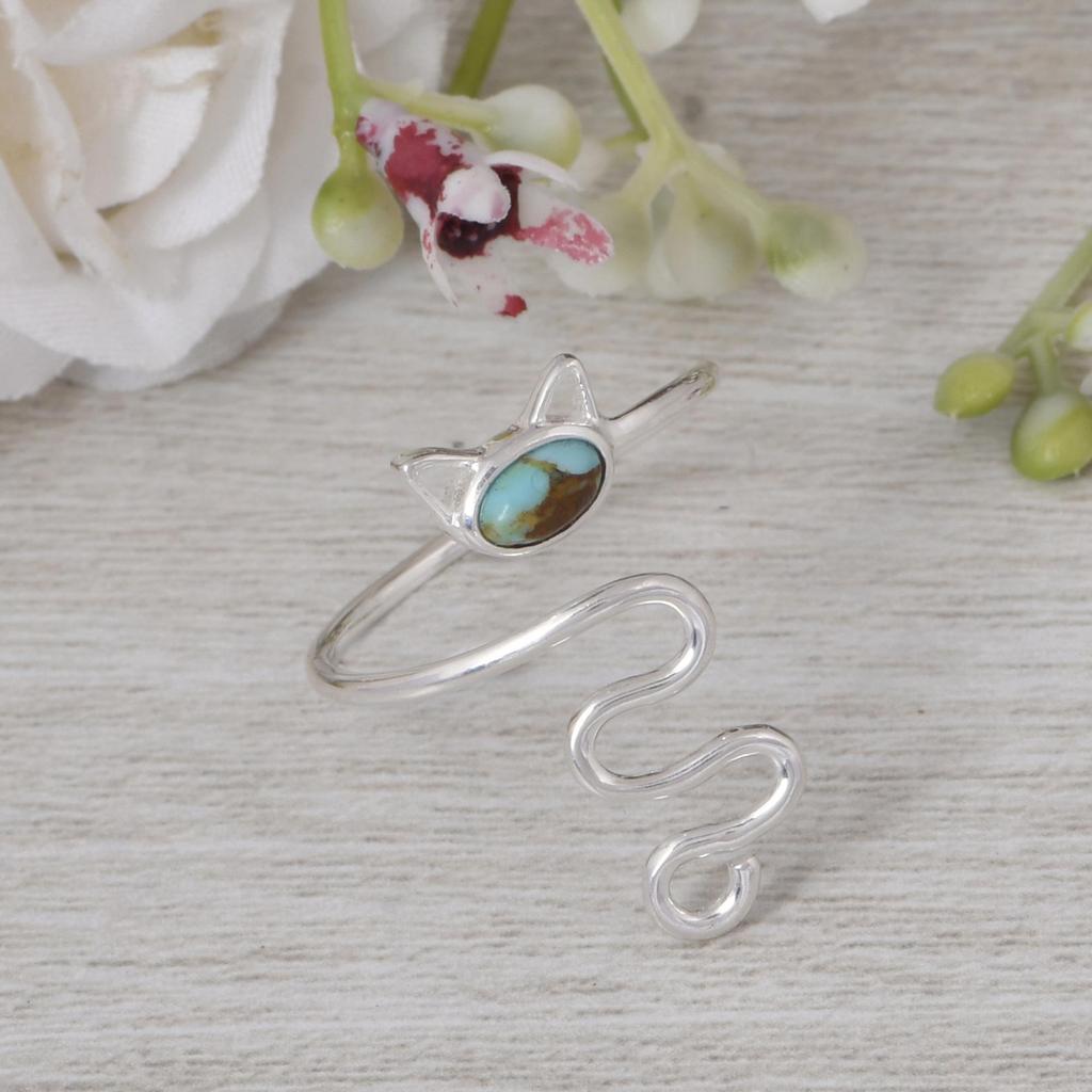 Turquoise Snake Wrap Ring | Adjustable Silver Cat Ring | Cute Animal Jewelry Gift for Women