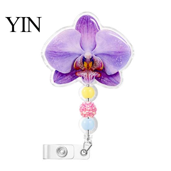 Decorative ID Badge Reel for Nurses Cute Flower Reels, Retractable Nurse Clip with Beaded Secure Backpacks Charm, Floral Name Card Holder Teacher