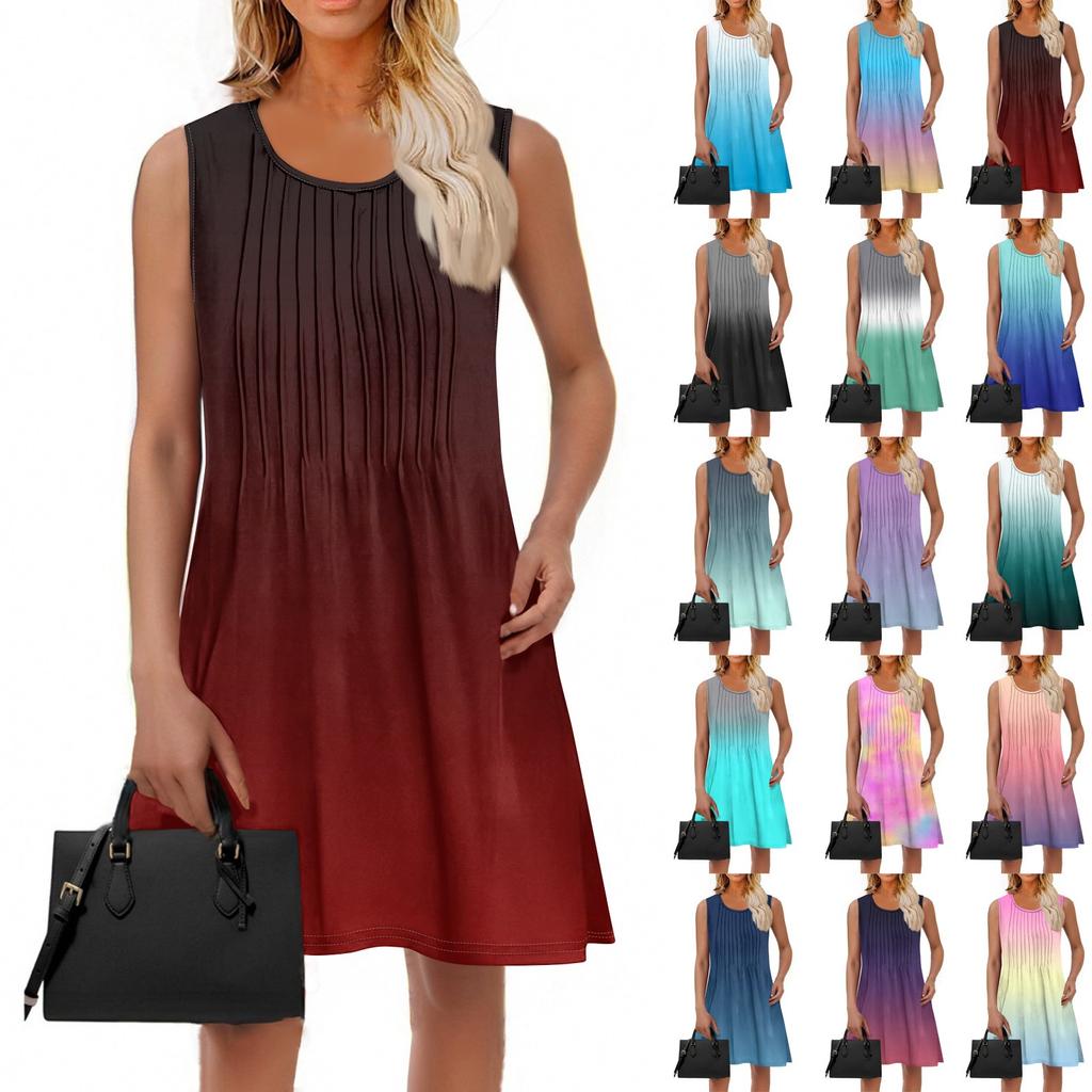 Ladies Fashion Summer Gradient Print Dress Loose Beach Vacation Casual Sleeveless Sundress