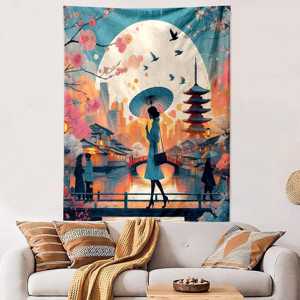 "Elegant Woman in Japanese Spring Scene" Patterned tapestry home decor, suitable for bedroom and living room, gift