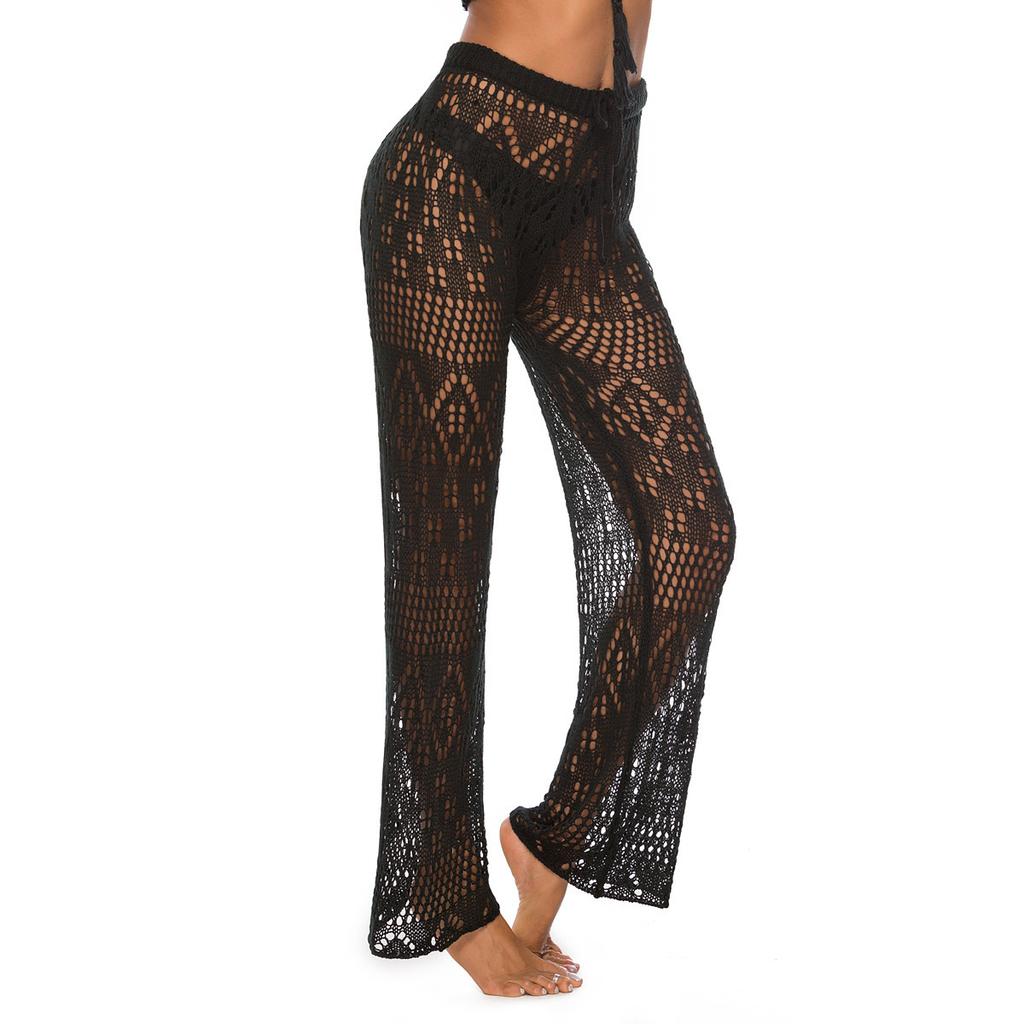 Женские летние сексуальные сетчатые прозрачные брюки, женские кружевные однотонные прозрачные брюки с высокой талией, пляжные брюки