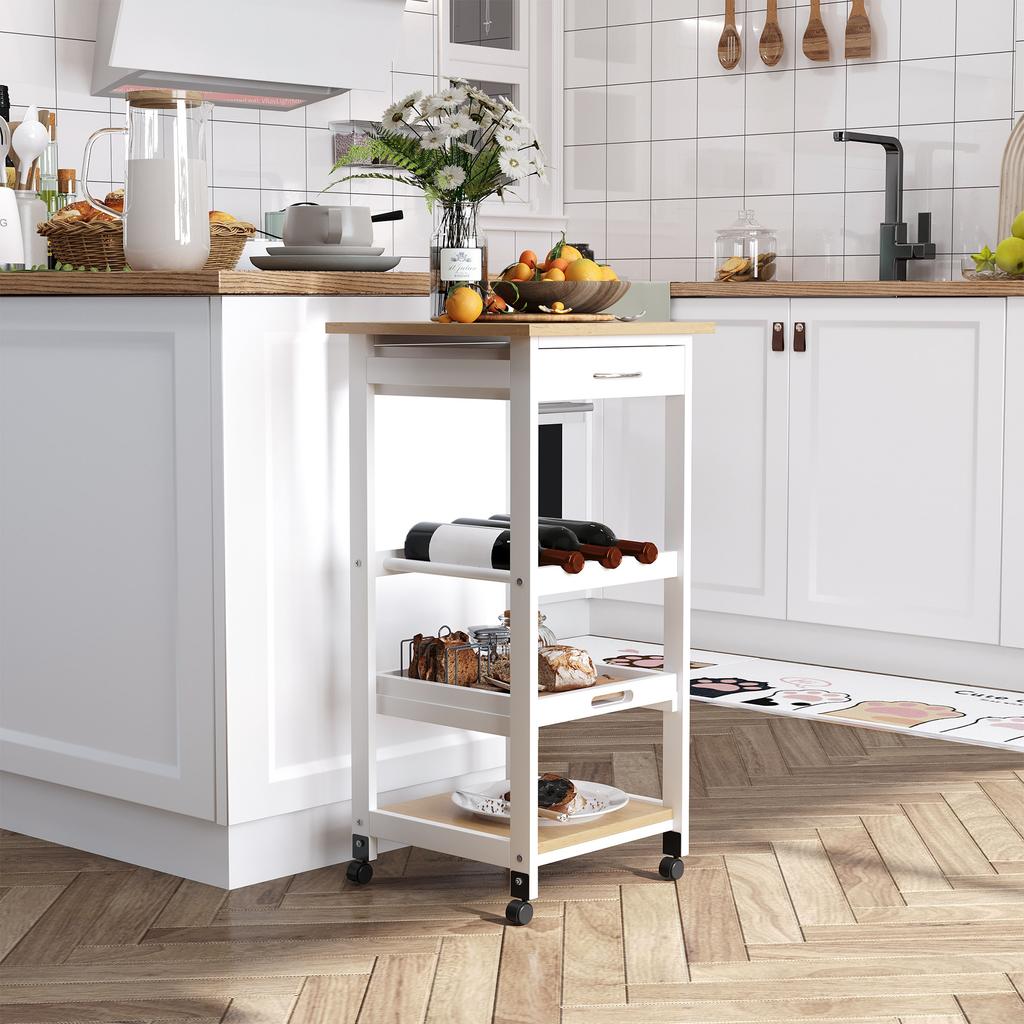 Kitchen Service Cart With Wheels 2 Shelves Removable Tray Drawer White Light Oak