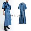 Spring and Summer Women's Clothing Waist Belt Shirt Collar Raglan Mid-Sleeve Horn Mid-Length Denim Dress 1271135